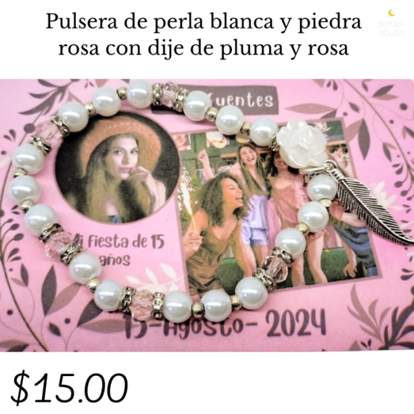 Pulsera de perla blanca con dije de pluma