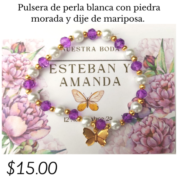 Pulsera de perla blanca con dije de mariposa