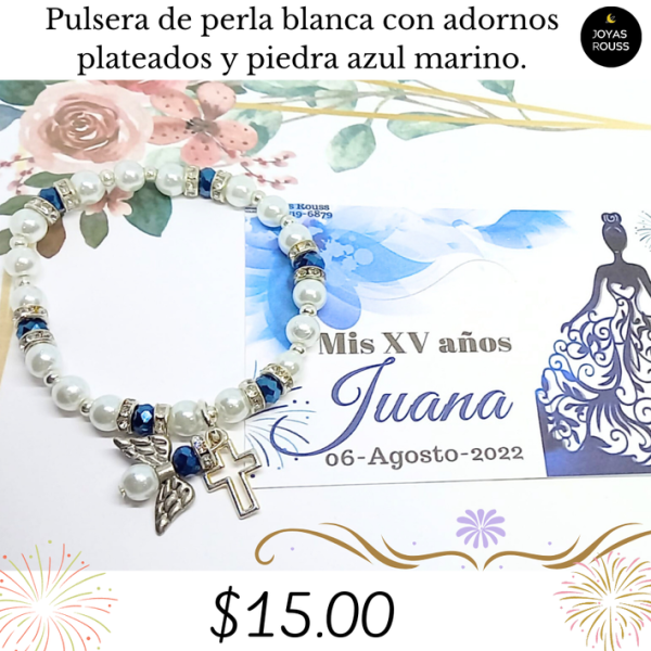 Pulsera de perla blanca y piedra azul marino