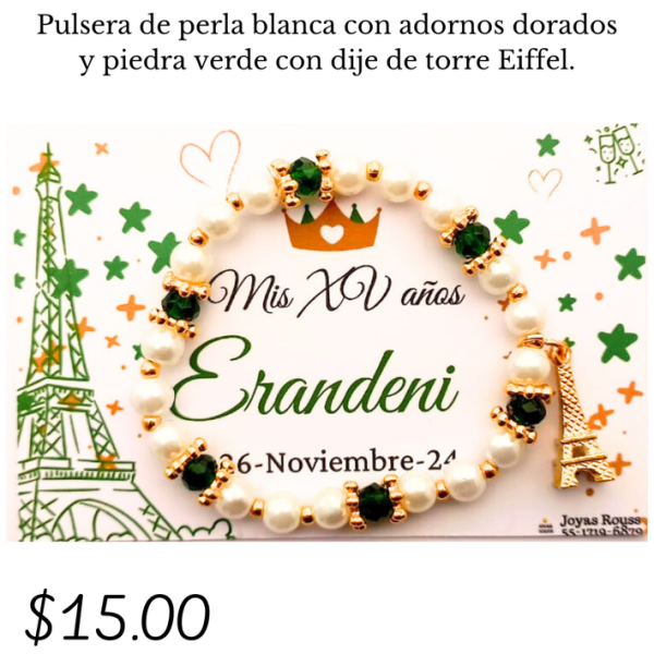 Pulsera de perla blanca con dije de Torre Eiffel