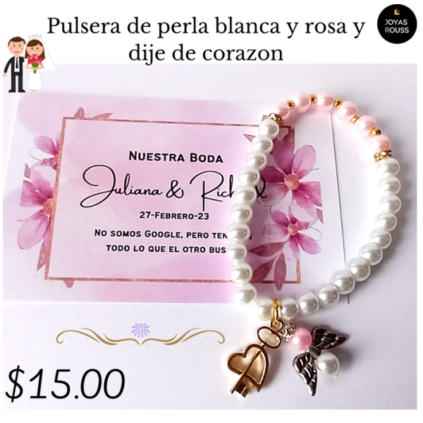 Pulsera de perla blanca y dije de corazón