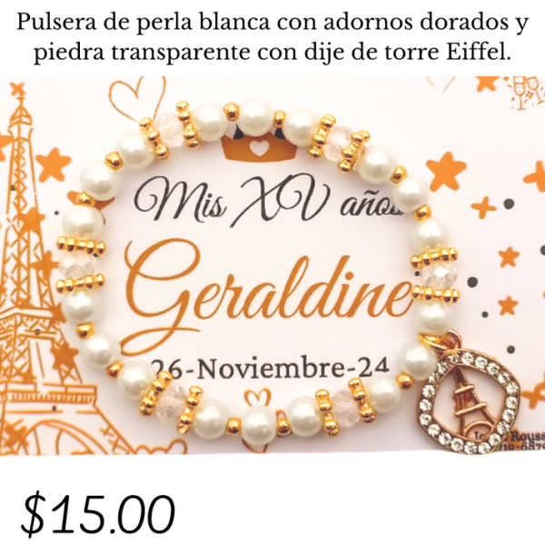 Pulsera de perla blanca con dije de Torre Eiffel
