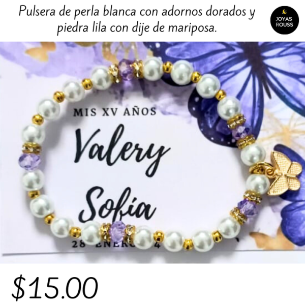 Pulsera de perla blanca con dije de mariposa