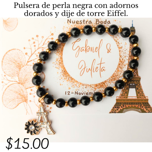 Pulsera de perla negra con dije de Torre Eiffel