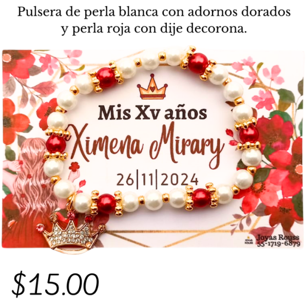 Pulsera de perla blanca con dije de corona