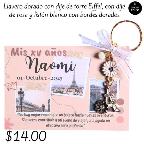 Llavero dorado con dije de Torre Eiffel