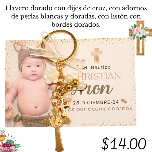 Llavero dorado con dijes de cruz
