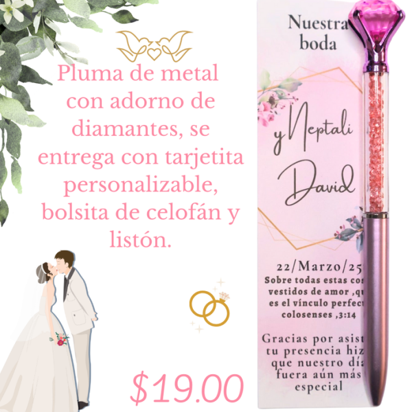 Pluma de metal con adornos de diamantes