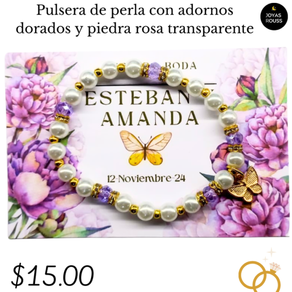 Pulsera de perla y piedra rosa transparente