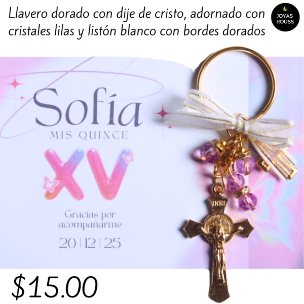 Llavero dorado con dije de cristo