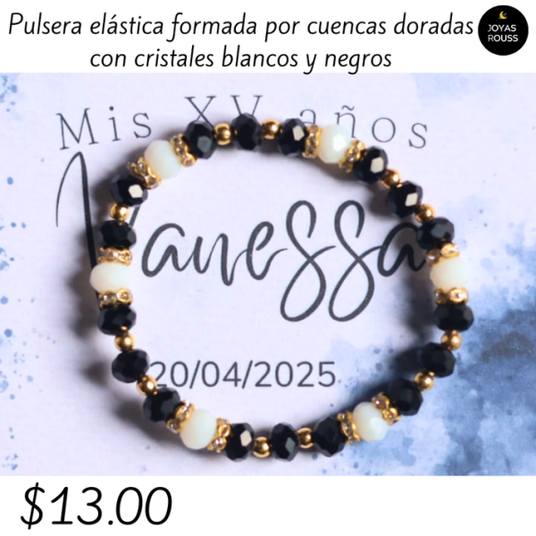 Pulsera elástica cristales blancos y negros