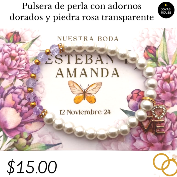 Pulsera de perla y piedra rosa transparente