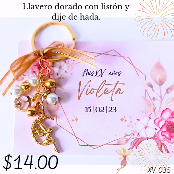 Llavero dorado con listón