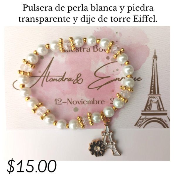 Pulsera de perla blanca con dije de Torre Eiffel
